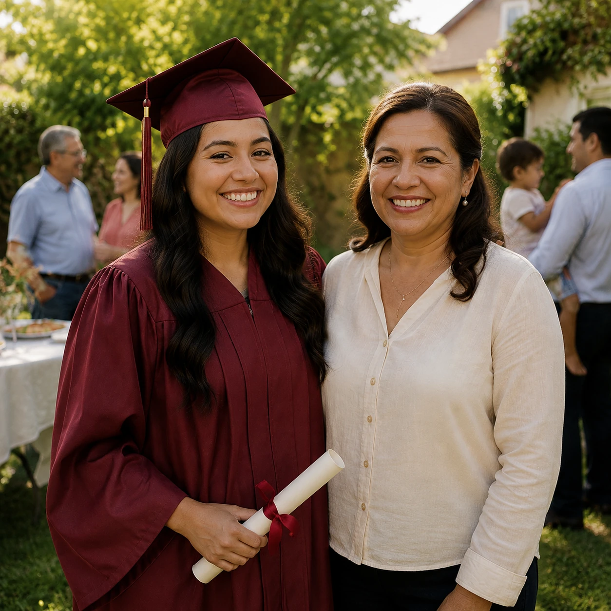 A graduate in a burgundy cap and gown stands smiling beside her proud mother.