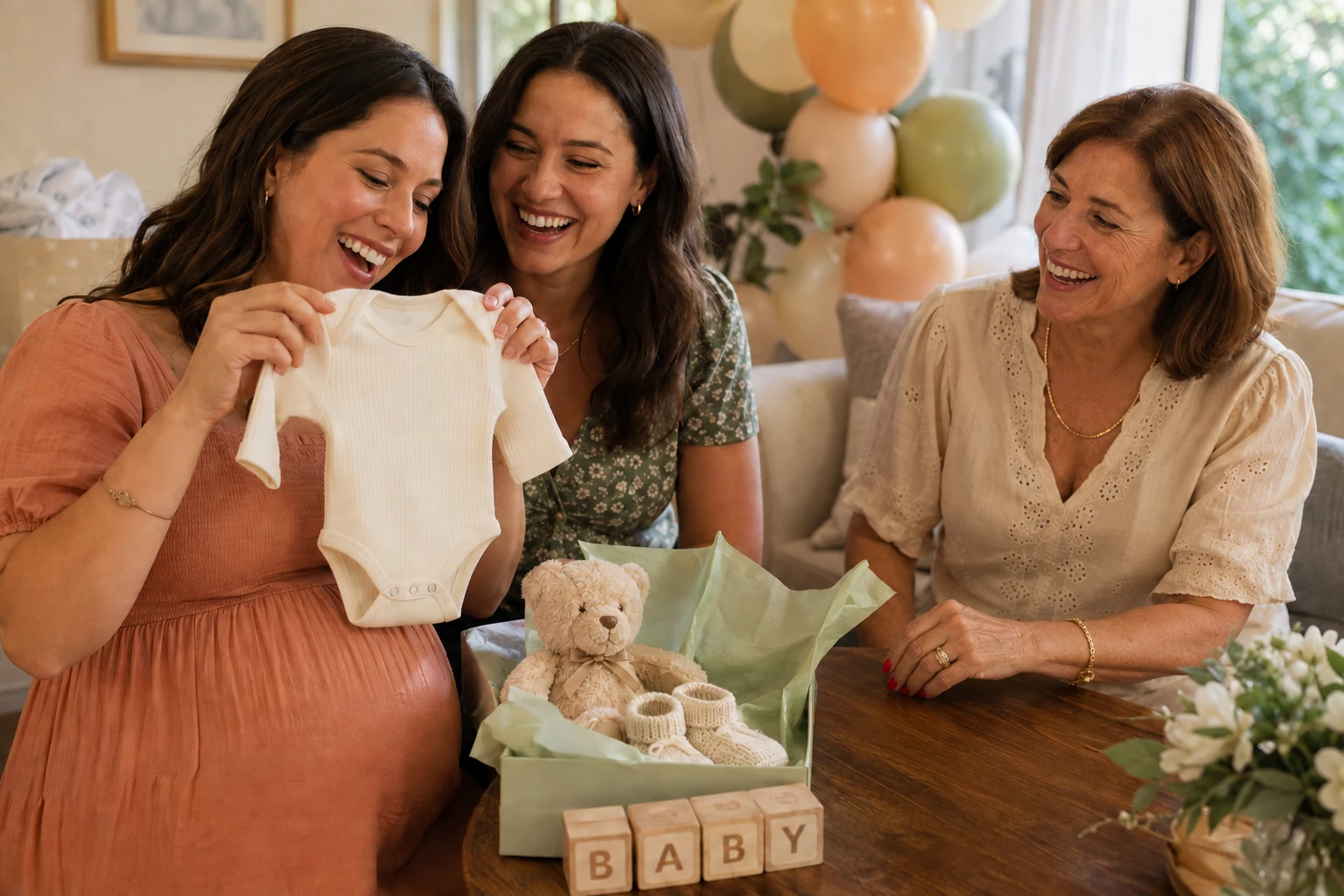 Three women laugh together as an expectant mother holds up a baby onesie beside gifts at a baby shower.