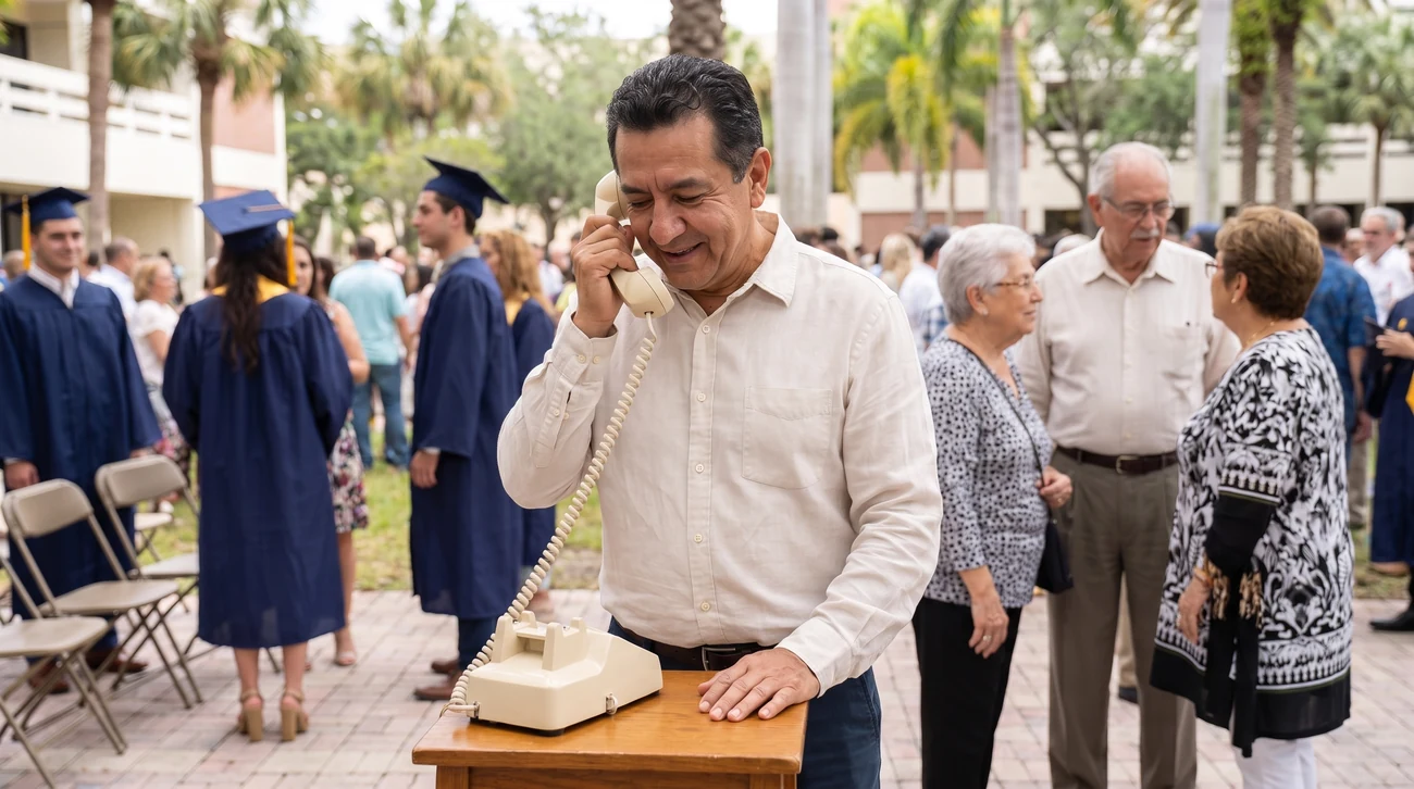 A proud father leaves an audio guestbook message while graduates in caps and gowns celebrate nearby.